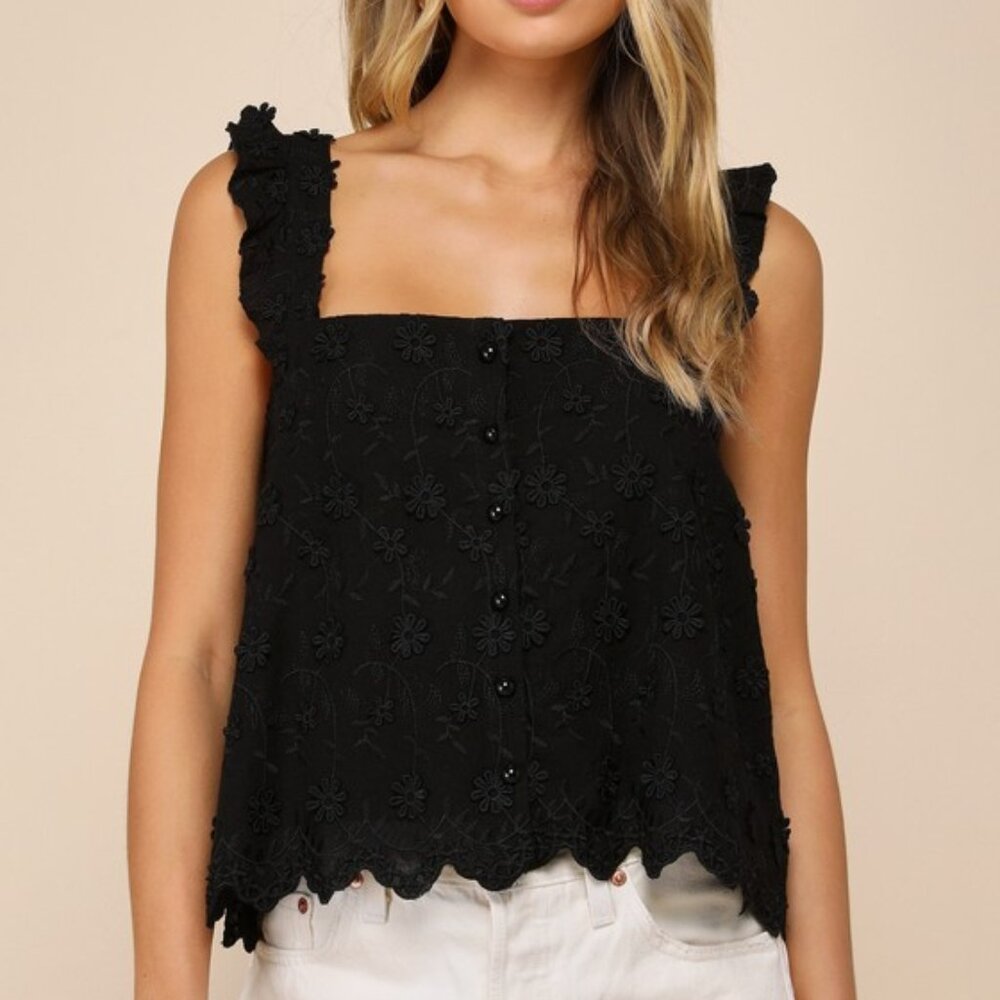 Lulus Cutest Weekend Black 3d Floral Embroidered Tie-back Tank Top - Size M